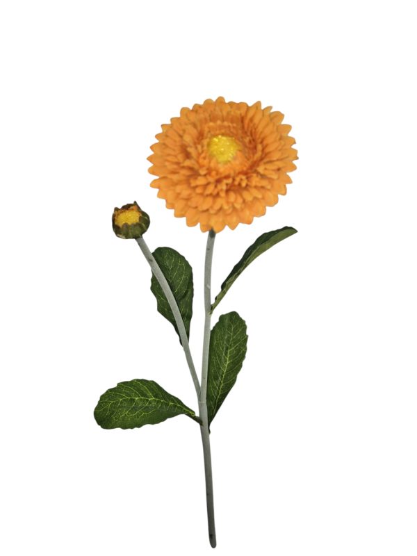 Zinnia, Orange, 1 Head, 1 bud, flocked stem, 48cm.